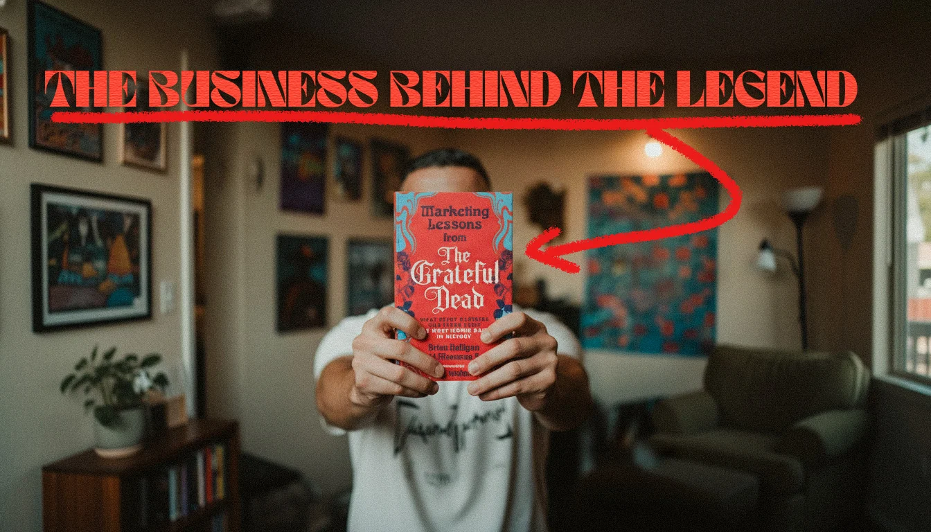 Email artwork: a fan holds up the book under the line The business behind the legend